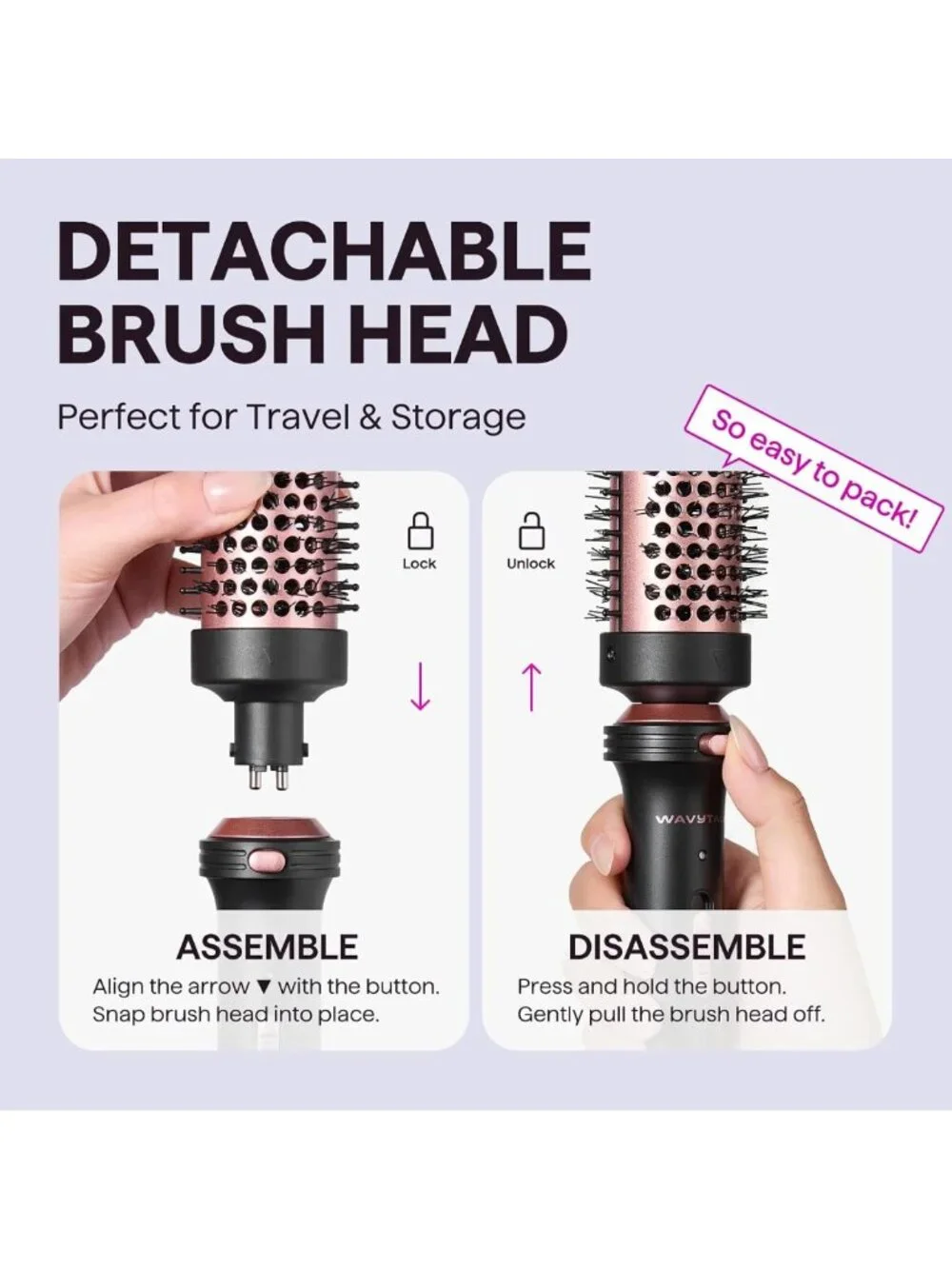 1.5-Inch Heated Round Thermal Brush with Detachable Head & Travel Pouch - Rose